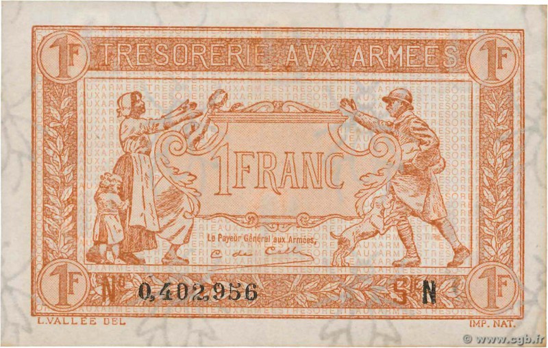 Country : FRANCE 
Face Value : 1 Franc TRÉSORERIE AUX ARMÉES 1919 
Date : 1919 
...