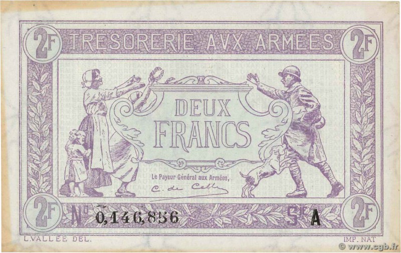 Country : FRANCE 
Face Value : 2 Francs TRÉSORERIE AUX ARMÉES 
Date : 1917 
Peri...