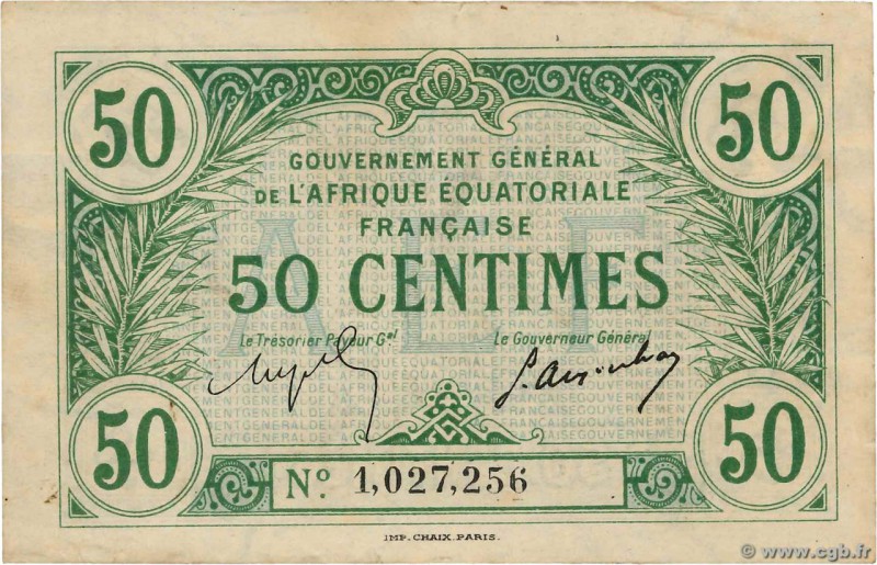 Country : FRENCH EQUATORIAL AFRICA 
Face Value : 50 Centimes 
Date : (17 octobre...