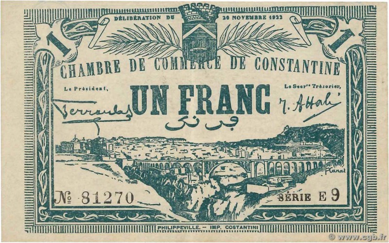 Country : ALGERIA 
Face Value : 1 Franc 
Date : 20 novembre 1922 
Period/Provinc...