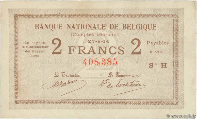 Country : BELGIUM 
Face Value : 2 Francs 
Date : 27 août 1914 
Period/Province/B...