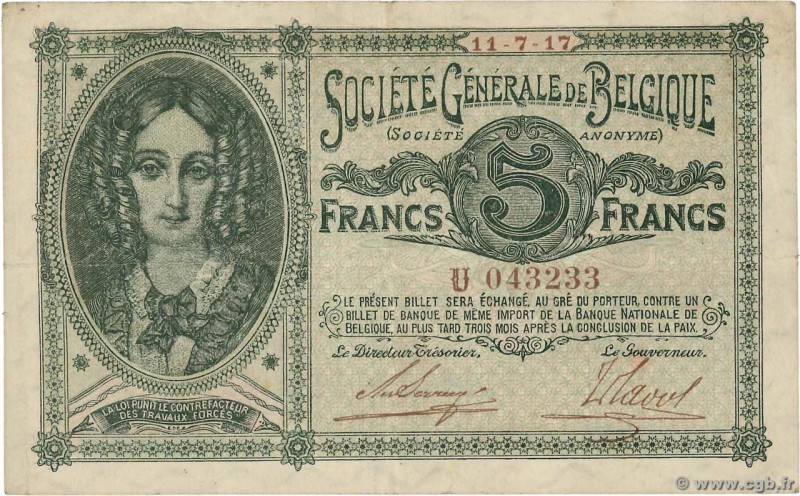 Country : BELGIUM 
Face Value : 5 Francs 
Date : 11 juillet 1917 
Period/Provinc...