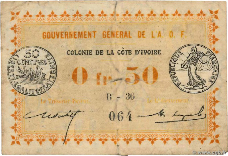 Country : IVORY COAST 
Face Value : 50 Centimes 
Date : 11 février 1917 
Period/...