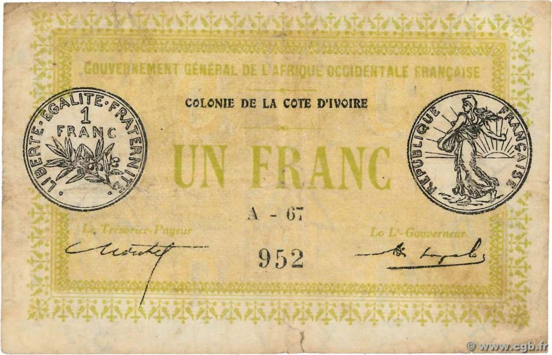 Country : IVORY COAST 
Face Value : 1 Franc 
Date : 11 février 1917 
Period/Prov...
