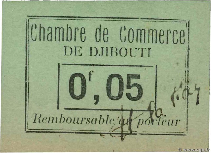 Country : DJIBOUTI 
Face Value : 0,05 Franc 
Date : (1919) 
Period/Province/Bank...