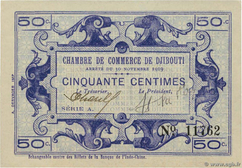 Country : DJIBOUTI 
Face Value : 50 Centimes 
Date : 30 novembre 1919 
Period/Pr...