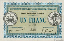 Country : GUINEA 
Face Value : 1 Franc 
Date : 11 février 1917 
Period/Province/Bank : Gouvernement Général de l'A.O.F. 
Catalogue reference : P.2a 
A...