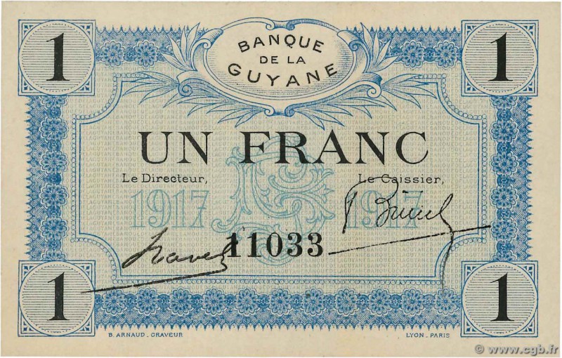 Country : FRENCH GUIANA 
Face Value : 1 Franc 
Date : (1917) 
Period/Province/Ba...