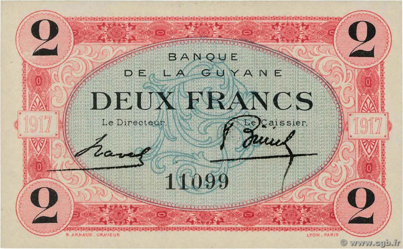 Country : FRENCH GUIANA 
Face Value : 2 Francs 
Date : (1917) 
Period/Province/B...