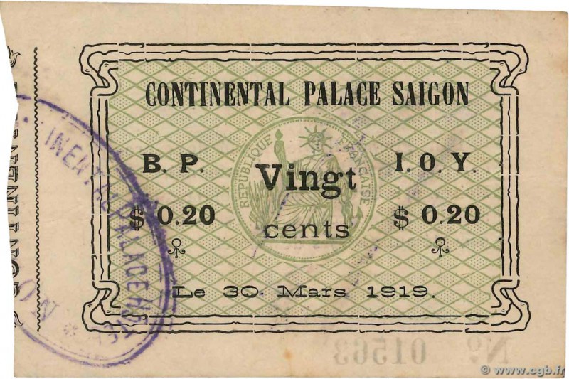 Country : FRENCH INDOCHINA 
Face Value : 20 Cents 
Date : 30 mars 1919 
Period/P...
