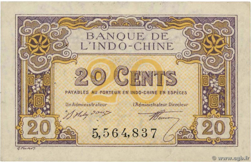 Country : FRENCH INDOCHINA 
Face Value : 20 Cents 
Date : 1919 
Period/Province/...