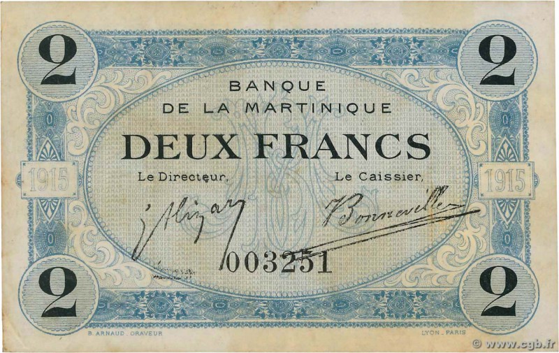 Country : MARTINIQUE 
Face Value : 2 Francs 
Date : (1915-1919) 
Period/Province...