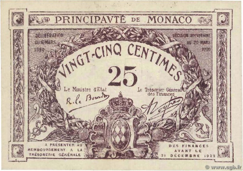 Country : MONACO 
Face Value : 25 Centimes 
Date : 1920 
Period/Province/Bank : ...