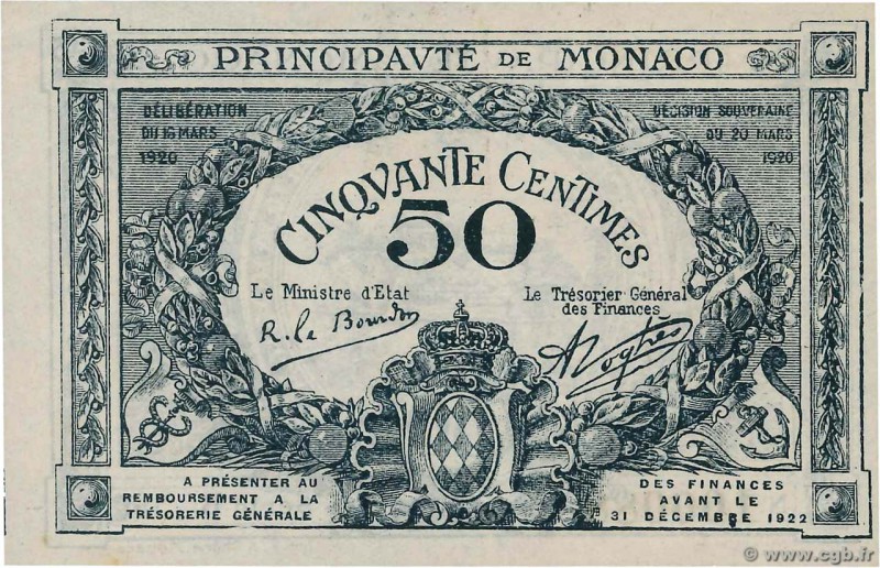 Country : MONACO 
Face Value : 50 Centimes 
Date : 1920 
Period/Province/Bank : ...