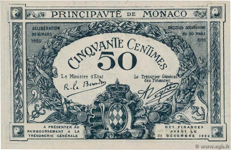 Country : MONACO 
Face Value : 50 Centimes 
Date : 1920 
Period/Province/Bank : ...