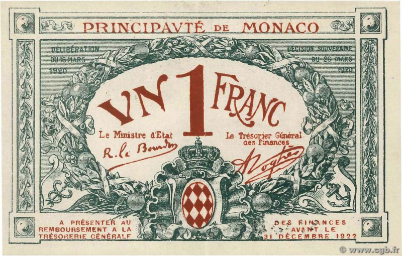 Country : MONACO 
Face Value : 1 Franc 
Date : 1920 
Period/Province/Bank : Prin...