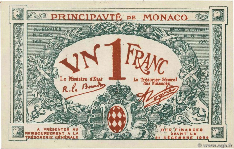 Country : MONACO 
Face Value : 1 Franc 
Date : 1920 
Period/Province/Bank : Prin...