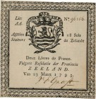 Country : NETHERLANDS 
Face Value : 2 Livres - 18 sols 
Date : 23 mars 1795 
Period/Province/Bank : Zeeland 
Catalogue reference : P.B98 
Additional r...