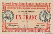 Country : SENEGAL 
Face Value : 1 Franc 
Date : 11 février 1917 
Period/Province/Bank : Gouvernement Général de l'A.O.F. 
Catalogue reference : P.2b 
...