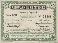 Country : TUNISIA 
Face Value : 50 Centimes 
Date : 17 mars 1919 
Period/Province/Bank : Régence de Tunis 
Catalogue reference : P.45a 
Additional ref...