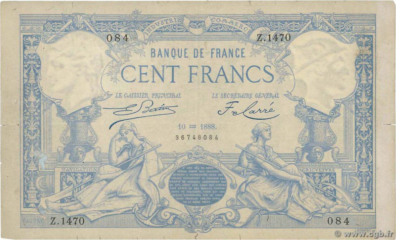 Country : FRANCE 
Face Value : 100 Francs type 1882 
Date : 10 janvier 1888 
Per...