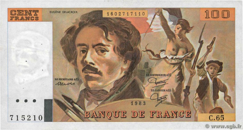 Country : FRANCE 
Face Value : 100 Francs DELACROIX modifié 
Date : 1983 
Period...