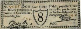 Country : FRANCE regionalism and miscellaneous 
Face Value : 8 Sols 
Date : (1791-1792) 
Period/Province/Bank : Révolution, billet de confiance 
Depar...
