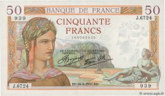 Country : FRANCE 
Face Value : 50 Francs CÉRÈS modifié 
Date : 26 août 1937 
Period/Province/Bank : Banque de France, XXe siècle 
Catalogue reference ...