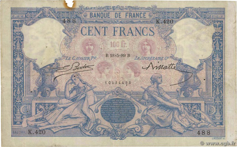 Country : FRANCE 
Face Value : 100 Francs BLEU ET ROSE 
Date : 18 mai 1889 
Peri...