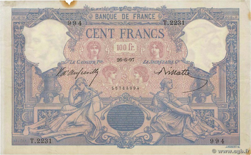 Country : FRANCE 
Face Value : 100 Francs BLEU ET ROSE 
Date : 26 juin 1897 
Per...