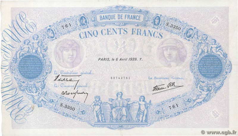 Country : FRANCE 
Face Value : 500 Francs BLEU ET ROSE modifié 
Date : 06 avril ...