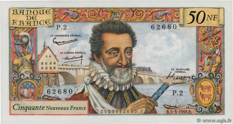 Country : FRANCE 
Face Value : 50 Nouveaux Francs HENRI IV 
Date : 05 mars 1959 ...