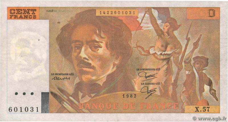 Country : FRANCE 
Face Value : 100 Francs DELACROIX modifié 
Date : 1982 
Period...