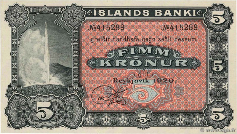 Country : ICELAND 
Face Value : 5 Kronur 
Date : 1920 
Period/Province/Bank : Is...