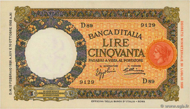 Country : ITALY 
Face Value : 50 Lire 
Date : 12 février 1936 
Period/Province/B...