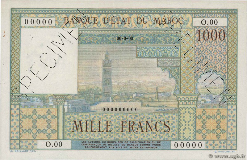 Country : MOROCCO 
Face Value : 1000 Francs 
Date : (1951) 
Period/Province/Bank...