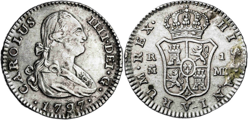 1797. Carlos IV. Madrid. MF. 1 real. (AC. 417). Resto de soldadura. 3,15 g. (MBC...