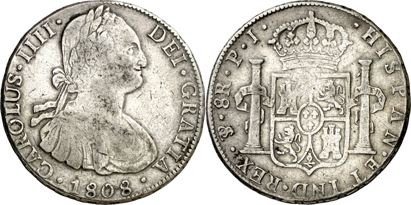 1808. Carlos IV. Potosí. PJ. 8 reales. (AC. 1014). 26,79 g. MBC-.