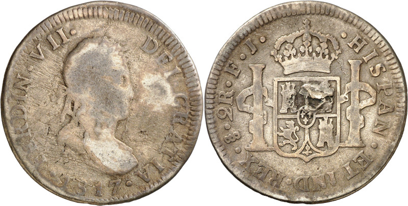 1817. Fernando VII. Santiago. FJ. 2 reales. (AC. 949). Soldadura en reverso. Esc...