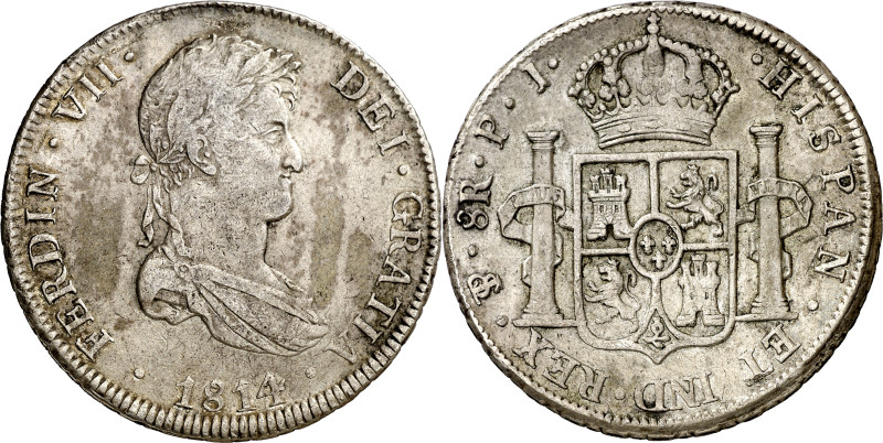 1814. Fernando VII. Potosí. PJ. 8 reales. (AC. 1378). Sombras. 26,64 g. MBC-/MBC...