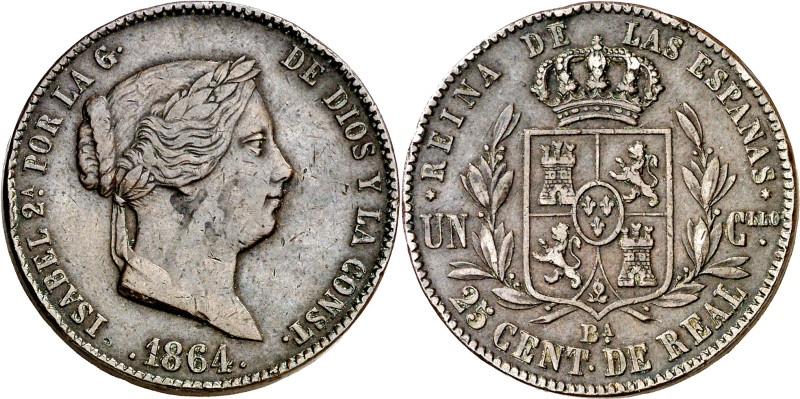 1864. Isabel II. Barcelona. 25 céntimos de real. (AC. 182). Grafito 95. Golpecit...