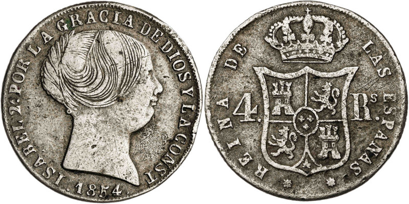 1854. Isabel II. Barcelona. 4 reales. (AC. 427). 4,91 g. BC+.