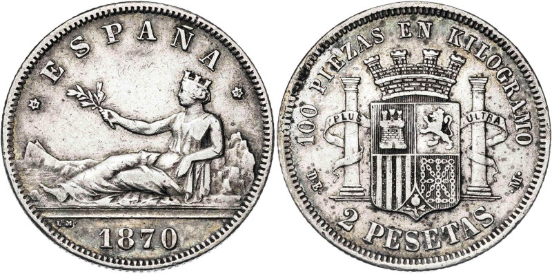 1870*1875. Gobierno Provisional. DEM. 2 pesetas. (AC. 33). 9,90 g. MBC-.