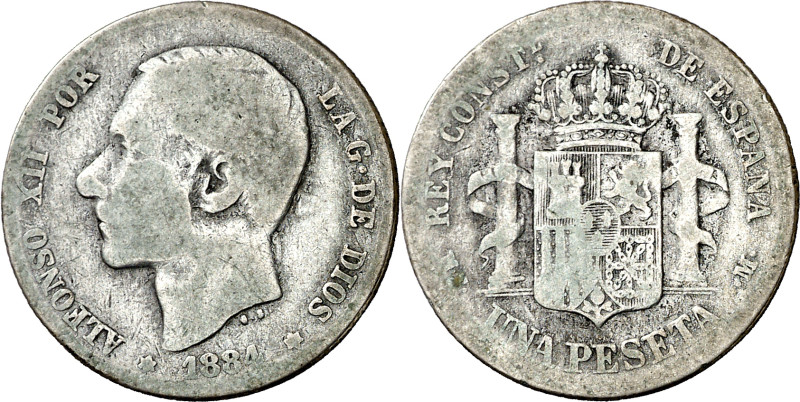 1884*----. Alfonso XII. MSM. 1 peseta. (AC. 23). Rara. 4,70 g. BC.