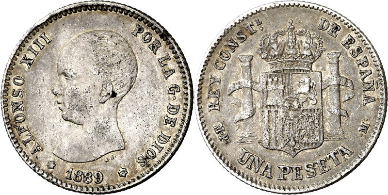 1889*--89. Alfonso XIII. MPM. 1 peseta. (AC. 52). Escasa. 5 g. MBC.