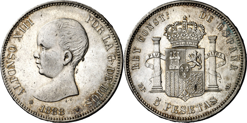 1888*1888. Alfonso XIII. MPM. 5 pesetas. (AC. 92). Leves rayitas. 24,89 g. MBC+/...