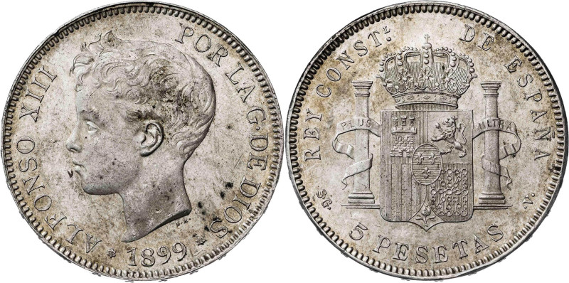 1899*1899. Alfonso XIII. SGV. 5 pesetas. (Ac. 110). Manchitas. 25,34 g. EBC-.