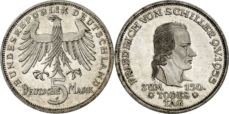 Alemania. 1955. F (Stuttgart). 5 marcos. (KM. 114). 150º Aniversario de la muert...