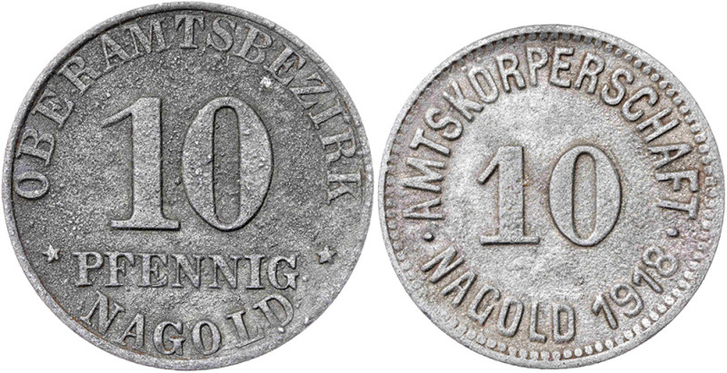 Alemania. 1918 a 1920. Nagold (Württemberg). 10 pfennig. (Funck. 354.2 y 354.7)....