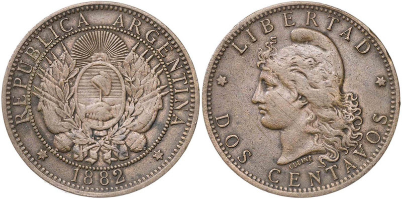 Argentina. 1882. 2 centavos. (KM. 33). CU. 9,98 g. MBC-.